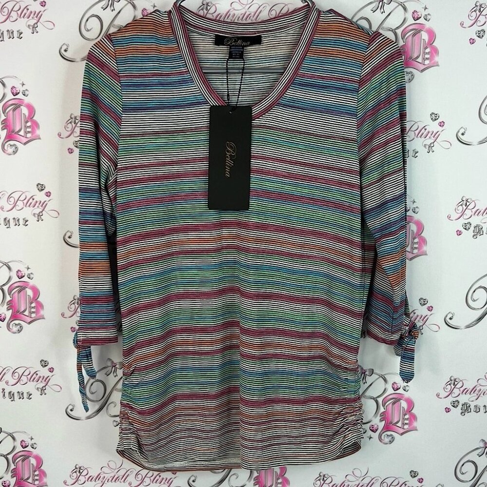 Bellinia top tie up sleeves rainbow Multicolor Striped new with tags  Blouse